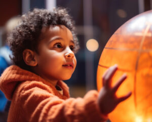 A young child holding onto an orange ball.